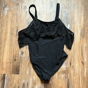 Adore Me Black Open Mesh Ruffle Trim One Piece Bathing Suit